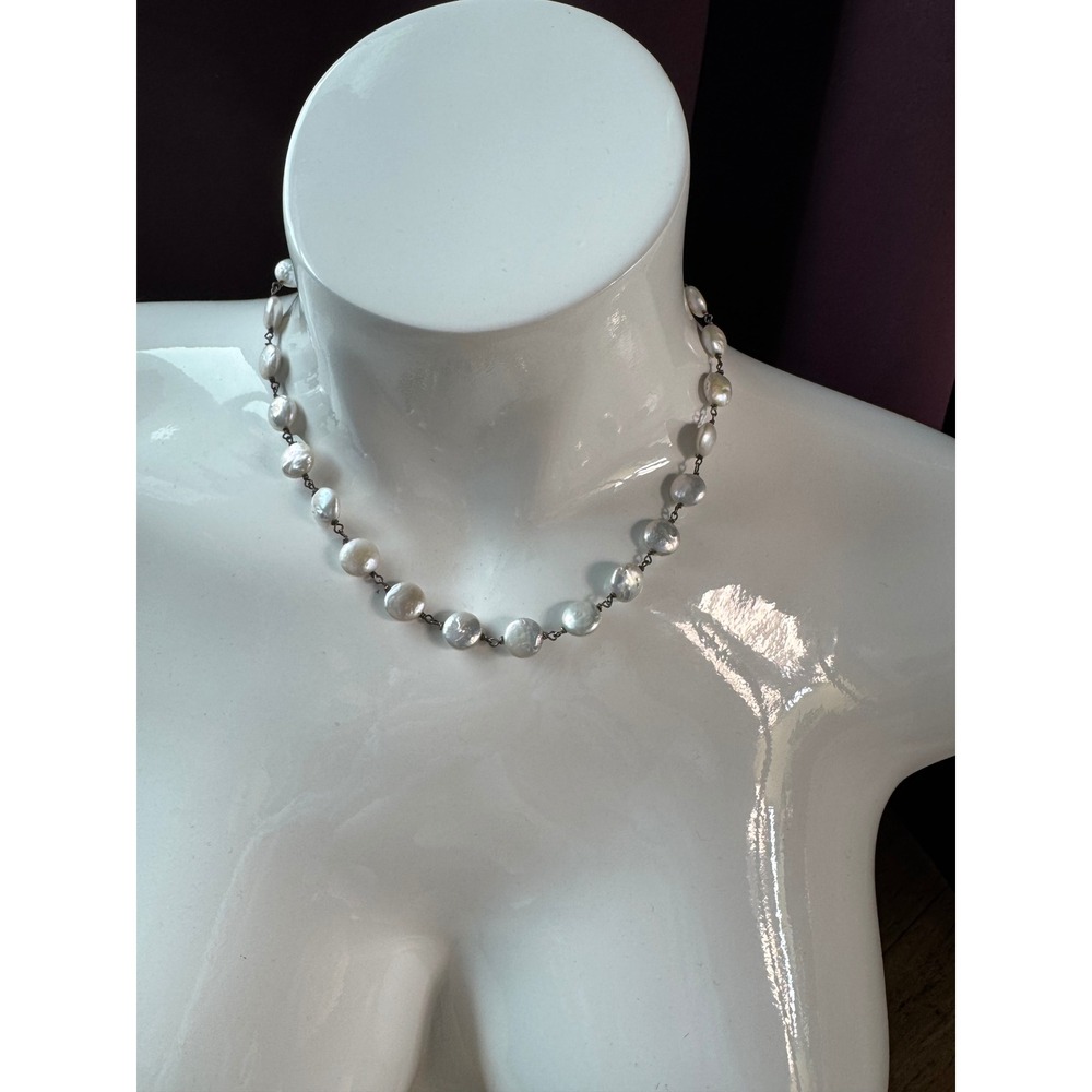 Vintage Sterling Coin Pearl Wrapped Necklace Oxidized Silver Freshwater‎ Pearl